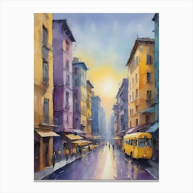 Colored Painting Of A Cityscape,Indigo And Yellow,Purple (13) Canvas Print