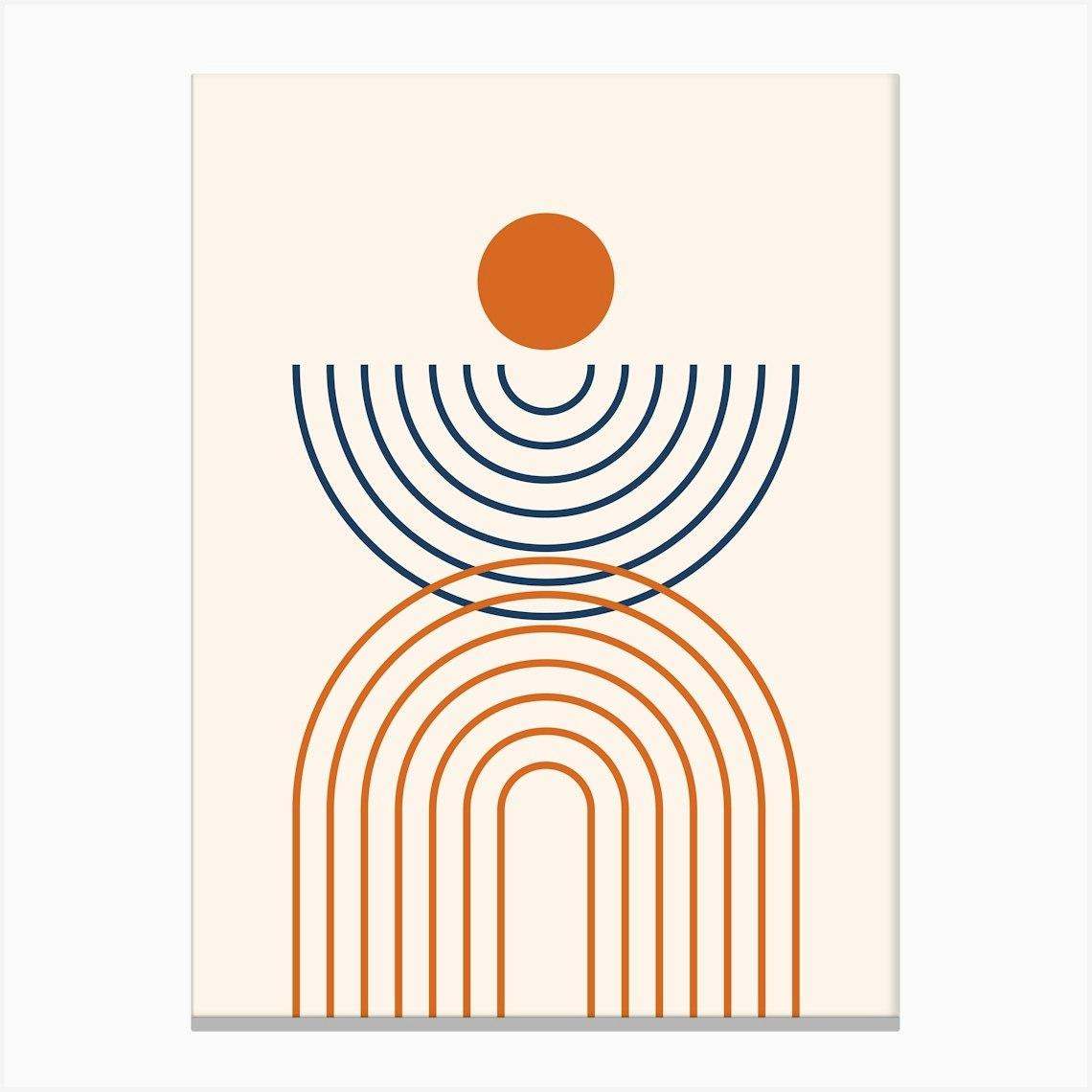 Midcentury Modern Rainbow Arch Sun Abstract A10 In Navy Blue And Burnt Orange 01 Canvas Print by NineFlorals
