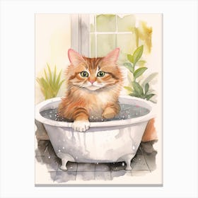 American Bobtail Cat In Bathtub Botanical Bathroom 2 Canvas Print