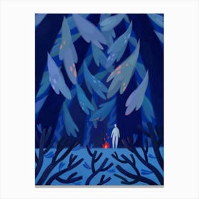 Forest At Night And Lonely Fire Canvas Print