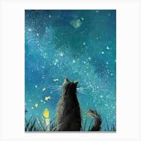 Cat Gazing at the Starry Night with Fireflies Canvas Print