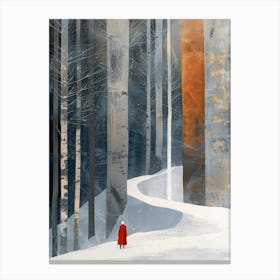 A Short White Hair Girl In Red In The Distance, Several Straight Hanging Gradient Fabrics, Windblown, Snow And Iced Ocean, Funturistic Architecture Background, Silver Leaf Art, Glitter Drawing, White And Blu Lienzo