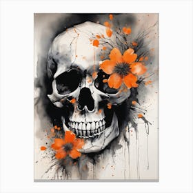 Abstract Skull Orange Flowers Painting (8) Canvas Print