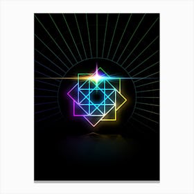 Neon Geometric Glyph in Candy Blue and Pink with Rainbow Sparkle on Black n.0145 Canvas Print