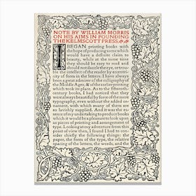 William Morris Manifesto For The Founding Of The Kelmscott Press Canvas Print