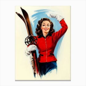 Happy Beautiful Woman Greeting Us With Ski Gear Canvas Print