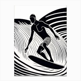 Linocut Black And White Surfer On A Wave art, surfing art, 255 Canvas Print