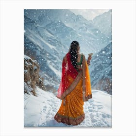 Indian Woman Adorned In A Sumptuous Sari Cradling A Trisul Mirroring The Divine Posture Of Maa Dur Canvas Print