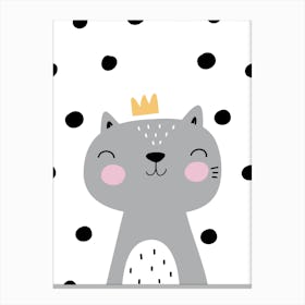 Scandi Grey Cat With Crown And Polka Dots Canvas Print