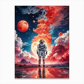 In a red cosmic world, an astronaut stands on a surreal alien planet, witnessing the explosion of a distant world surrounded by moons and stars. Canvas Print