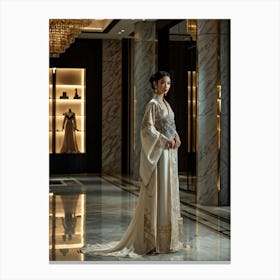 Asian Woman Stands Poised In A Luxurious Fashion Ensemble Contrasting Traditional Elements With Hig (5) Canvas Print