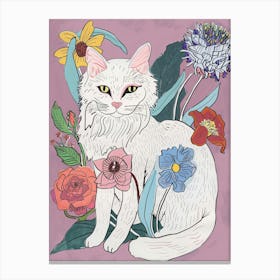 Cute Angora Cat With Flowers Illustration 2 Canvas Print