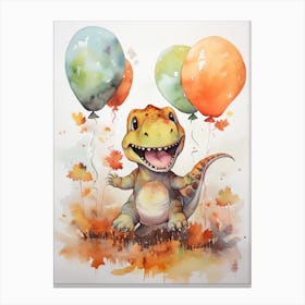 Dinosaur T Rex Flying With Autumn Fall Pumpkins And Balloons Watercolour Nursery 1 Canvas Print