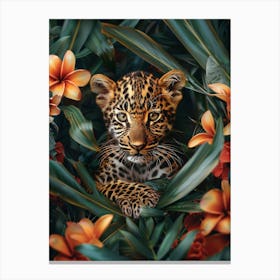 A Happy Front faced Leopard Cub In Tropical Flowers 1 Canvas Print