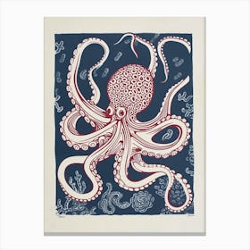 Linocut Inspired Red Octopus With The Coral 3 Canvas Print