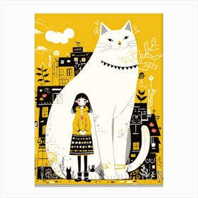 Girl And A Big Cat Art Print Canvas Print