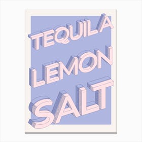 Tequila, Lemon, Salt Bar Cart Poster, Cocktail, Kitchen, Pink & Blue Canvas Print