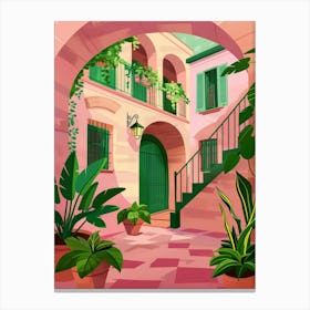 Pink Courtyard With Plants And Stairs Canvas Print