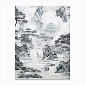 Amanohashidate In Kyoto, Ukiyo E Black And White Line Art Drawing 10 Canvas Print