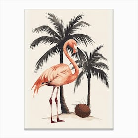 American Flamingo And Coconut Trees Minimalist Illustration 1 Canvas Print