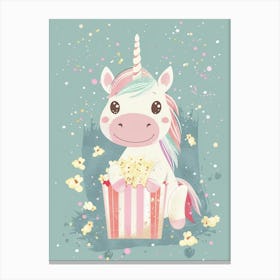 Cute Pastel Unicorn Eating Popcorn Blue Background 3 Canvas Print