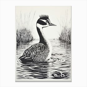 B&W Bird Linocut Grebe 2 Canvas Print