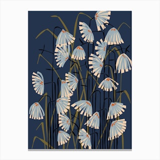 Linocut Flower Meadow Mustard Blue Canvas Print