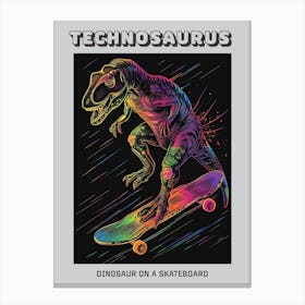 Neon Dinosaur Line Illustration On A Skateboard 3 Poster Canvas Print