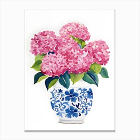 Pink Hydrangea Painting Blue And White Vase Planter Canvas Print