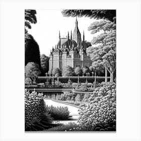 Château De Chantilly Gardens, 1, France Linocut Black And White Vintage Canvas Print