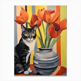 Amaryllis Flower Vase And A Cat, A Painting In The Style Of Matisse 2 Canvas Print