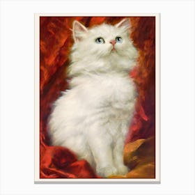 Carl Kahler (Austrian/American, b. 1855) White Long Haired Cat with Blue Eyes on Red Drape Oil Painting - HD Remastered Canvas Print