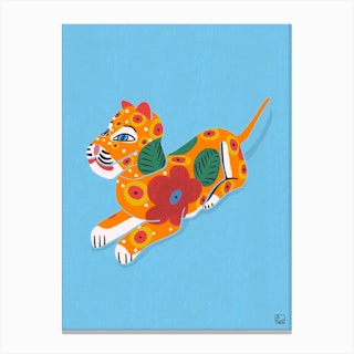 Tiger With Flowers On Blue Background Canvas Print