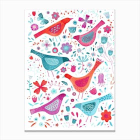 Birds In Wildflowers Teal Pink Purple Canvas Print