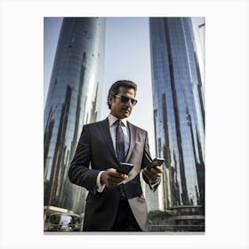 Businessman Engrossed In Galloping Through A Bustling Cityscape Taps Away On His Sleek Smartphone (4) Canvas Print