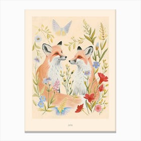 Folksy Floral Animal Drawing Fox 9 Poster Canvas Print