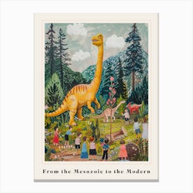 Dinosaur & Children In A Village Painting Poster Canvas Print