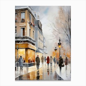 Paris cafes, winter season, Christmas, autumn oil colors, pale colors, pedestrians in the street, winter clothes, falling snow.Christmas decorations.8 Canvas Print