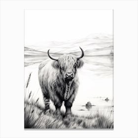 Black & White Illustration Of Highland Cow With The Lake Canvas Print