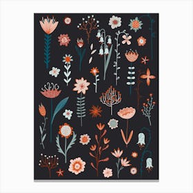 Scandinavian Flowers On A Black Background Canvas Print
