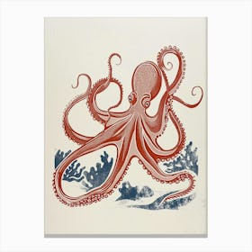 Linocut Red Navy Octopus 3 Canvas Print