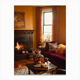 Autumn Themed Cozy Living Room Warm Golden Light Bathing The Room Soft Textures Of Plush Pillows N (7) Canvas Print