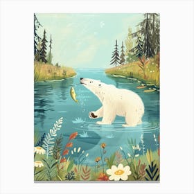 Polar Bear Catching Fish In A Tranquil Lake Storybook Illustration 3 Canvas Print