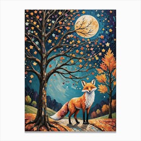 The Autumn Fox - Beautiful Rainbow Mosiac of Whimsical Fox in Fall on a Full Moon Whimsy Art for Nature Lover, Woodland, Halloween Pride Pagan Witch Colorful HD Canvas Print
