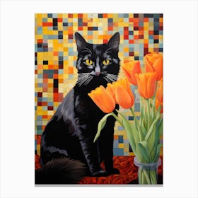 Black Cat With Tulips Canvas Print