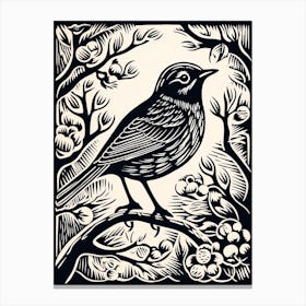 B&W Bird Linocut Robin 1 Canvas Print