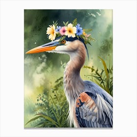 Blue Heron With Flower Crown Canvas Print