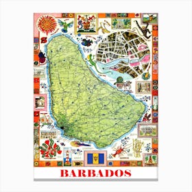 Barbados, Map Of The Island Canvas Print