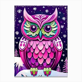 Pink Owl Snowy Landscape Painting (6) Canvas Print