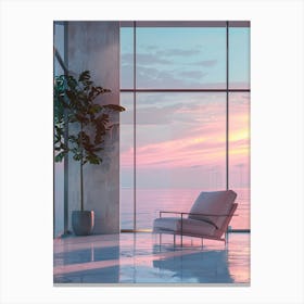 Surreal Style Modern Empty Large Living Room In The Center Alone With Only One Lazy Sofa Chair, Large Floor To Ceiling Windows With Sea Water Outside, Clean Scene, Blue And Pink Tones, Ricoh R1, Fine Craftsmanship, Oc Rendering, Hd 8 Canvas Print